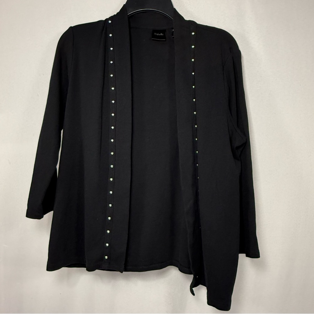 Studded Open Front Rafaella Black Cotton Knit Cardigan Size MP Petite Medium - Picture 2 of 9